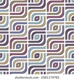 Retro-style design with a geometric composition of striped squares arranged in vertical lines. Delicate vintage colors on a white background. Seamless repeating pattern. Abstract vector illustration.