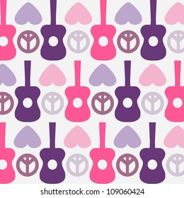 Retro-style design of Peace, Love and Music,seamless pattern