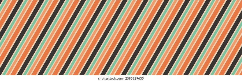 A retro-style diagonal stripe pattern with alternating bands of orange, teal, black, and beige. The seamless design is clean, geometric, and evokes a vintage 1970s aesthetic.