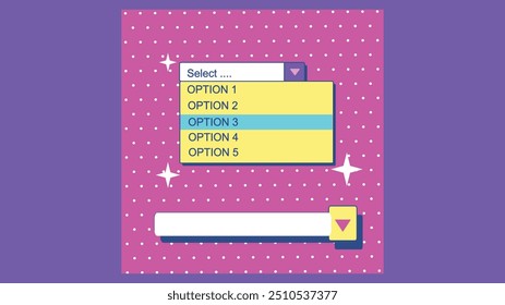 Retro-style dropdown menu interface with colorful options, symbolizing user interaction and digital selection tools.


