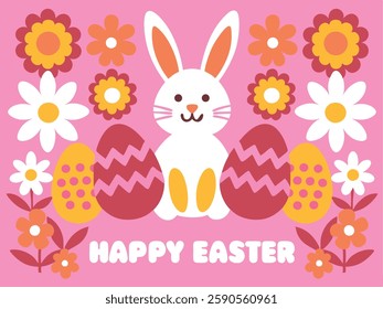 Retro-style Easter vector illustration with a bunny, decorated eggs, and flowers on a pink background. Happy Easter text completes the colorful, cheerful design