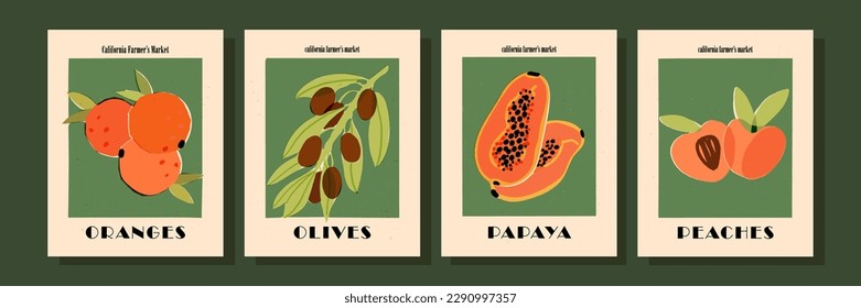 Impresión de arte exótico de frutas estilo retro, comida vegetariana, conjunto de afiches de cocina de los años 20. Papaya, melocotones o albaricoques, aceitunas, decoración interior de naranjas. Banderas vectoriales ilustradas.