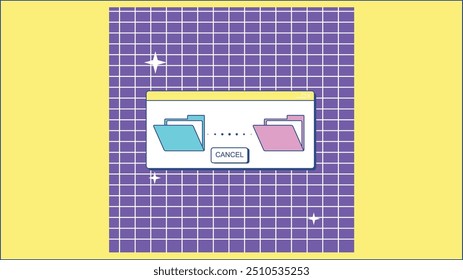 Retro-style file transfer window with blue and pink folders, symbolizing digital data transfer or file sharing.


