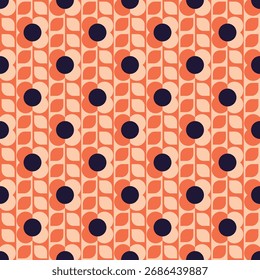 Padrão floral de estilo retrô. O design consiste em colunas verticais alternadas de flores laranja com centros marinhos escuros e folhas beges.