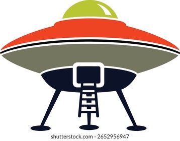 A retro-style flying saucer, or UFO, with a red top, grey body, and green dome, rests on three legs with a ladder leading to an open doorway. Isolated on a white background.