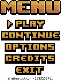 Menu de jogo estilo retrô exibindo opções para jogar, continuar, opções, créditos e sair em estilo pixel art e fonte de 8 bits