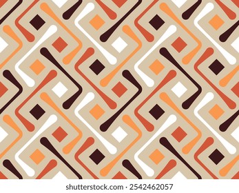 Retro-style geometric composition with a grid of small squares and thin lines in brow, orange, and white on a beige background. Seamless repeating pattern. Vector illustration.