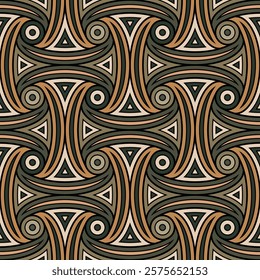 Retro-style geometric composition with an intricate design of interlocking concentric shapes outlined with a black stroke. Seamless repeating pattern. Abstract vector illustration.