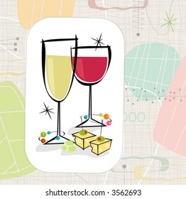 Retro-style Gourmet Wine and Cheese. Each item is whole and grouped so you can use them independently from the background. Layered file for easy edit--no transparencies or strokes!