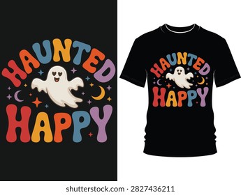 A retrostyle graphic featuring a cute ghost surrounded by stars and text on a shirt