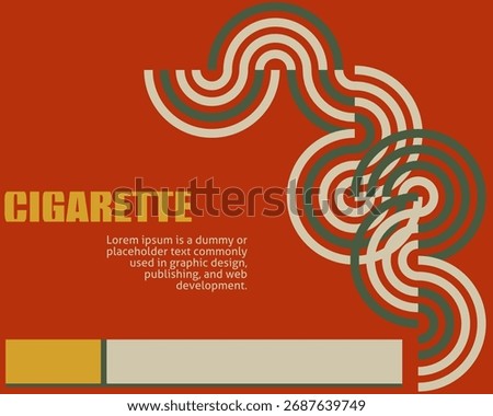 A retro-style graphic poster featuring the word “CIGARETTE” with abstract circular smoke patterns and bold geometric shapes in earthy tones, symbolizing smoking and design aesthetics.