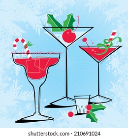 Retro-style Holiday Cocktails Retro-stylized Holiday Cocktails with snowflake frame. Each item is grouped so you can use them independently from the background. Layered file for easy edit.