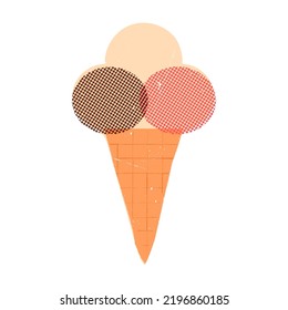 Retro-style ice cream in a waffle cone with 3 various taste scoops, chocolate, vanilla, and strawberry. Textured vector mid-century illustration of a refreshing summer dessert, sweet snack.