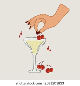 Retro-style illustration of a cocktail glass with a fizzy drink, garnished with cherries, and a hand elegantly placing a cherry on top, with sparkling decorative elements on a light background.