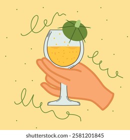 Retro-style illustration of a cocktail glass with a fizzy yellow drink, a green umbrella garnish, and decorative swirls on a warm pastel background.