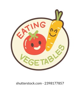 Retro-style illustration of an eating vegetables sticker in the form of a cartoon badge. Encourage a veggie-friendly lifestyle with this charming design.