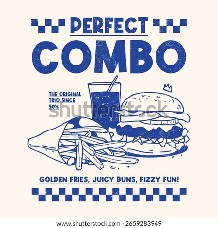 A retro-style illustration featuring a classic burger, french fries and soda combo, perfect for T-shirt printing and vintage-themed merchandise