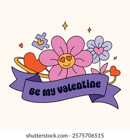 Retro-style illustration featuring a pink flower with heart-shaped eyes, a purple ribbon with decorative elements like hearts, a puzzle piece, and sparkling accents on a light background.