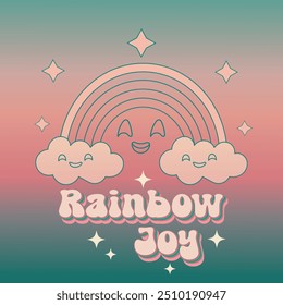 Ilustración de estilo retro con un arco iris sonriente, nubes felices y estrellas sobre un fondo degradado. Perfecto para camisetas, estampados y Mercancía que difunden alegría y positividad.