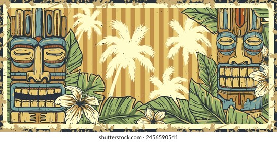 Retro-style illustration featuring traditional tiki masks, palm trees, and surfboards, evoking a nostalgic beach and surfing vibe, perfect for posters or themed decorations. Text space.