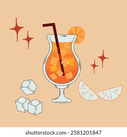 Retro-style illustration of an orange cocktail in a curved glass with a straw, garnished with citrus slices and ice cubes, with sparkling decorative elements on a beige background.