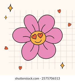 A retro-style illustration of a pink flower with a smiling face and heart-shaped eyes, surrounded by small hearts and sparkling elements on a pastel grid background