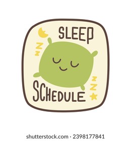 Retro-style illustration of a sleep schedule sticker in the form of a cartoon badge. Promote healthy sleep habits with this delightful design.