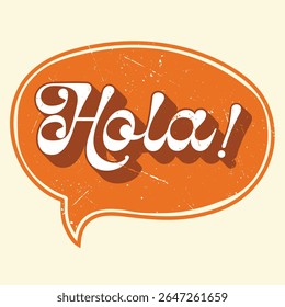 A retro-style image displaying the Spanish greeting Hola! in white, with a brown shadow effect, set in an orange speech bubble with a distressed, vintage texture.