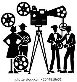 Retro-style image of a movie production setup in black and white, capturing vintage cinematic charm with the crew and camera as a transparent background design.