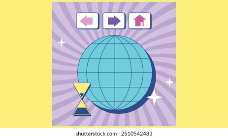 Retro-style internet navigation icons with a globe, arrow buttons, and hourglass, symbolizing web browsing and online navigation.

