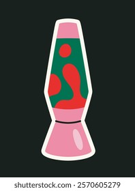 Retro-style lava lamp in pink and green with red flowing shapes, set on a black background. Minimalistic design concept. Vector illustration