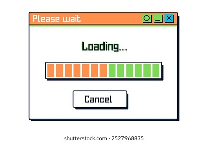 Retro-Style Loading Window Illustration with Progress Bar and Cancel Button