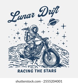 Retro-style logo design featuring an astronaut riding a vintage motorcycle on a lunar surface, surrounded by stars and a planetary ring, ideal for motorcycle club branding or space-themed promotional 