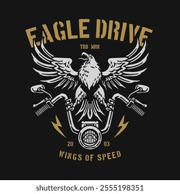 Retro-style logo design featuring a powerful eagle with motorcycle handlebars and headlight accents, ideal for branding motorcycle clubs and vintage-themed merchandise.