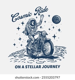 Retro-style logo featuring an astronaut riding a vintage motorcycle on a stellar journey, surrounded by stars and a planetary backdrop, perfect for motorcycle club branding or space-themed merchandise