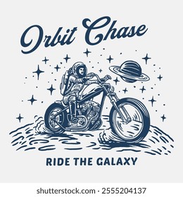 Retro-style logo featuring an astronaut riding a vintage motorcycle across a cosmic landscape with stars and a planet in orbit, ideal for motorcycle club branding and space-themed merchandise.