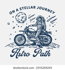 Retro-style logo featuring an astronaut standing beside a vintage motorcycle on a cosmic path, with asteroids, a moon, and shooting stars in the background, ideal for motorcycle club branding or space