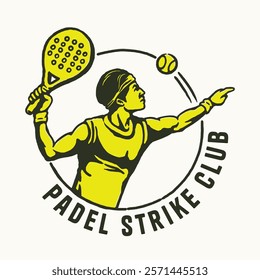 Retro-style logo featuring a male padel player in action with bold text elements and dynamic composition, perfect for sports branding, padel clubs, or merchandise.