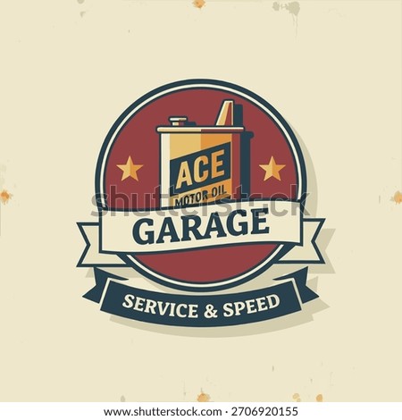 Retro-style logo featuring an oil can, stars, and ribbon banner for garage services with a focus on speed and quality.