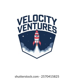 A retro-style logo featuring a rocket ship blasting off against a starry night sky.