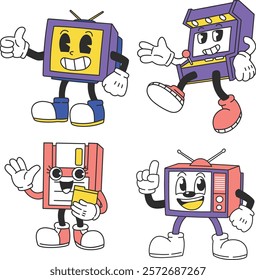 Retro-style mascots inspired by nostalgic technology items, including CRT TVs, Walkman players, rotary phones, and arcade machines, with cheerful and playful designs for branding or creative projects.