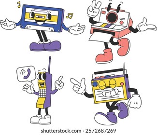 Retro-style mascots inspired by nostalgic technology items, including CRT TVs, Walkman players, rotary phones, and arcade machines, with cheerful and playful designs for branding or creative projects.