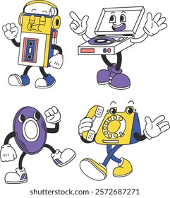 Retro-style mascots inspired by nostalgic technology items, including CRT TVs, Walkman players, rotary phones, and arcade machines, with cheerful and playful designs for branding or creative projects.