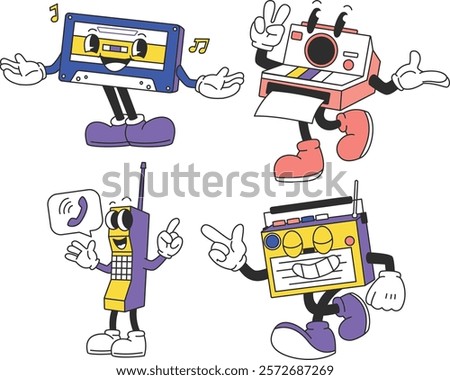 Retro-style mascots inspired by nostalgic technology items, including CRT TVs, Walkman players, rotary phones, and arcade machines, with cheerful and playful designs for branding or creative projects.