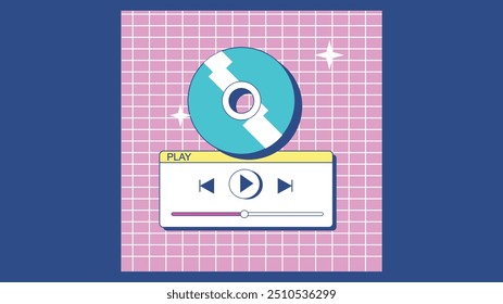 Interfaz de reproductor multimedia de estilo retro con un CD colorido, que representa la reproducción de música digital y la nostalgia.

