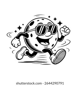 Mascote da lua estilo retrô apreciando a noite com toque cósmico. Design exclusivo e divertido para adesivos, cartazes ou vestuário.