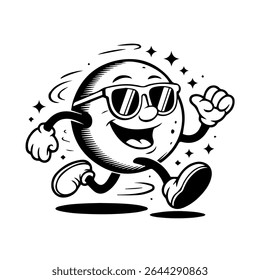 Mascote da lua estilo retrô apreciando a noite com toque cósmico. Design exclusivo e divertido para adesivos, cartazes ou vestuário.