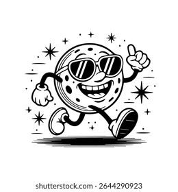 Mascote da lua estilo retrô apreciando a noite com toque cósmico. Design exclusivo e divertido para adesivos, cartazes ou vestuário.
