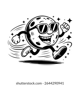 Mascote da lua estilo retrô apreciando a noite com toque cósmico. Design exclusivo e divertido para adesivos, cartazes ou vestuário.