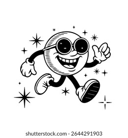 Mascote da lua estilo retrô apreciando a noite com toque cósmico. Design exclusivo e divertido para adesivos, cartazes ou vestuário.
